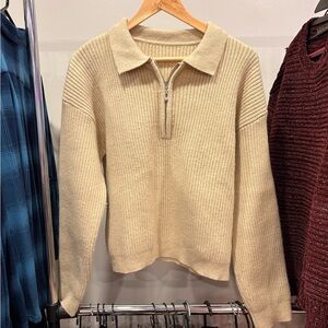 Cream Ribbed Half-Zip Polo Sweater